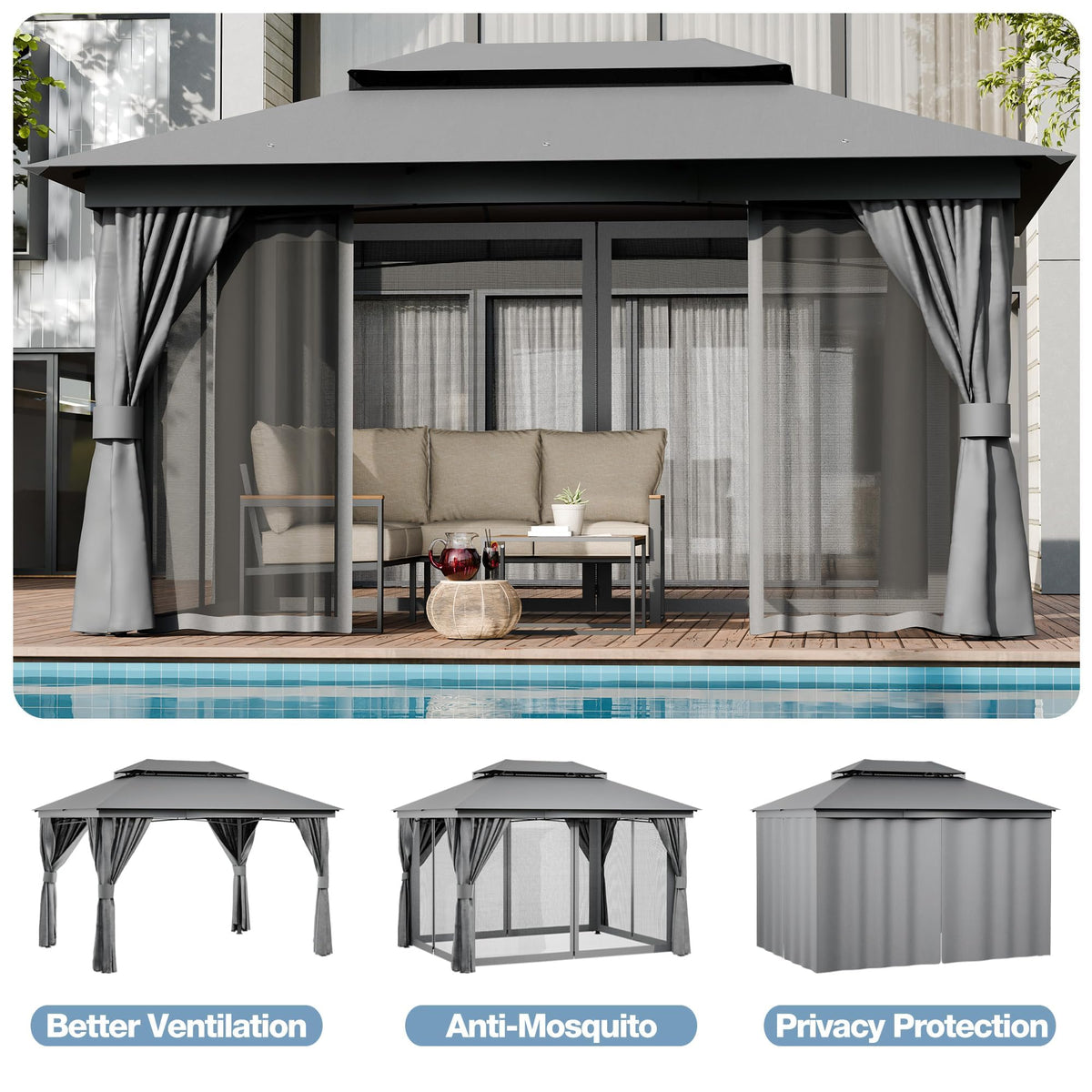10x13 Outdoor Gazebo with Mosquito Netting and Privacy Screens I8368