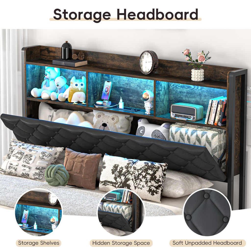 Queen Size Metal Platform Bed with Storage Bookcase Headboard T105779