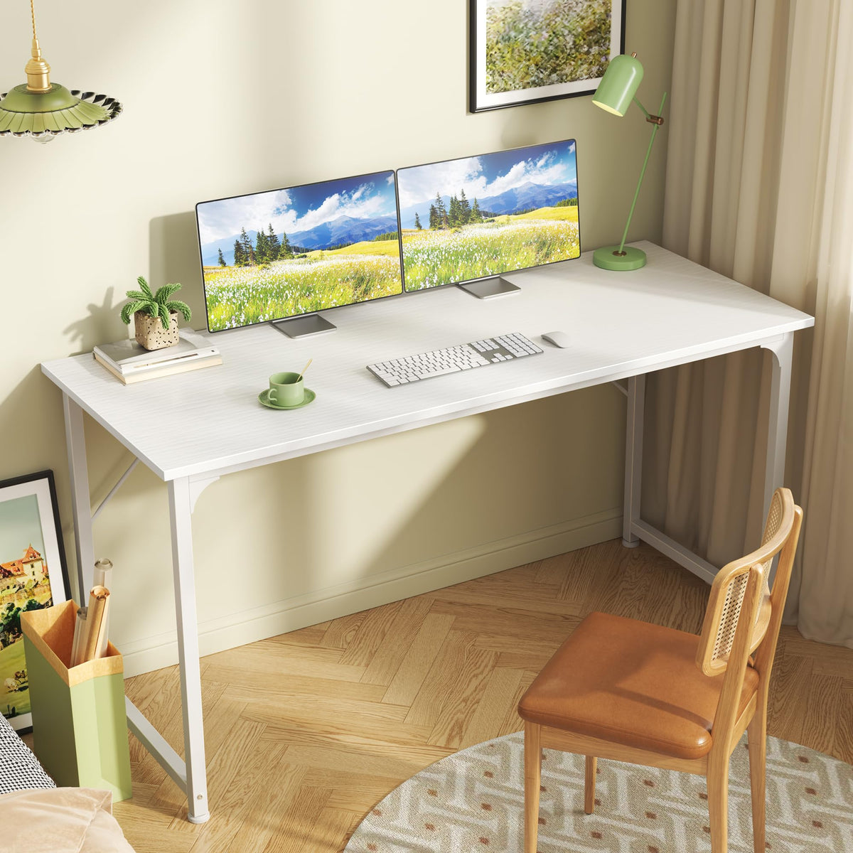 55 Inch White Computer Desk with Metal Frame F695016