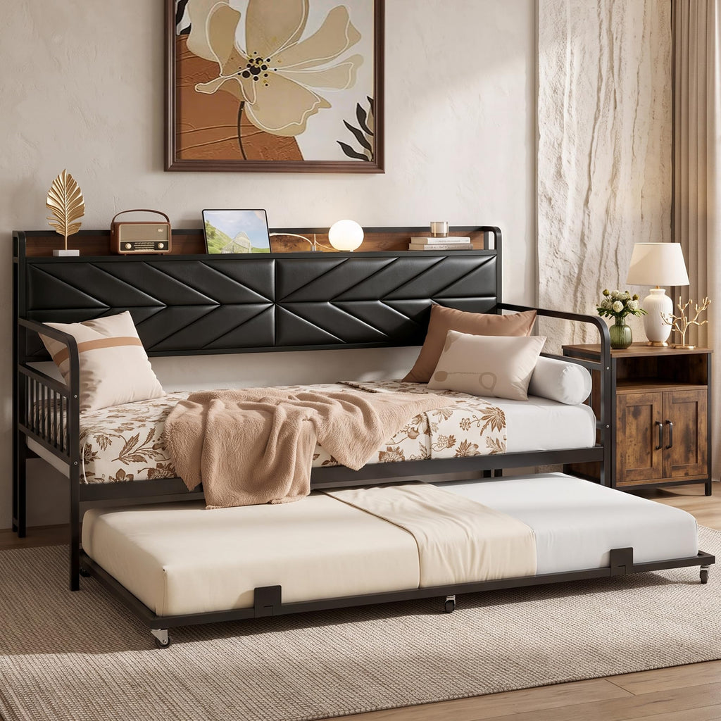 Black Metal Twin Daybed with Trundle and Storage Headboard F867696