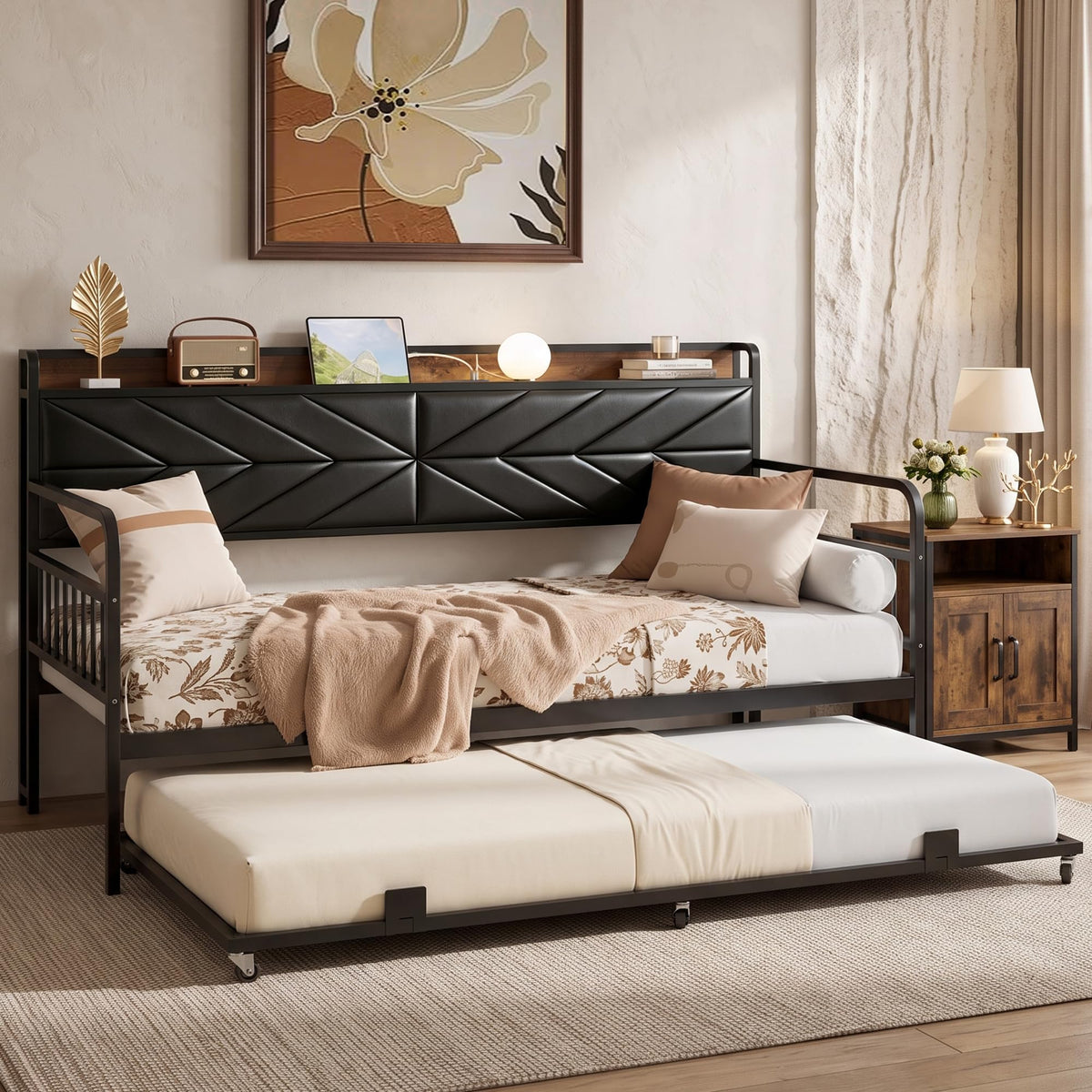 Black Metal Twin Daybed with Trundle and Storage Headboard F867696
