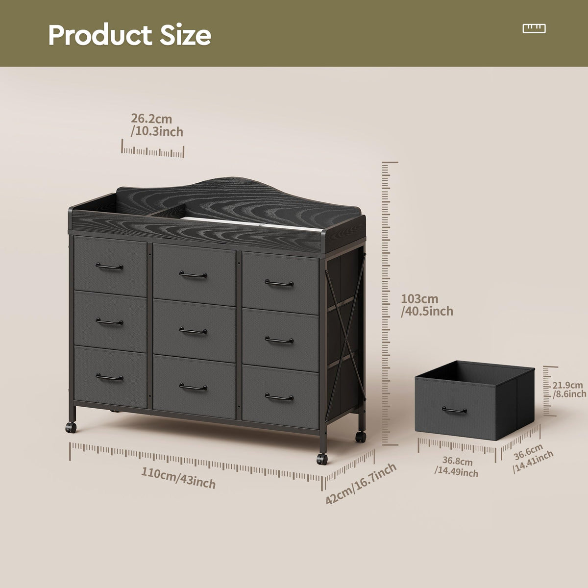 Black Changing Table with 9 Fabric Boxes K47457