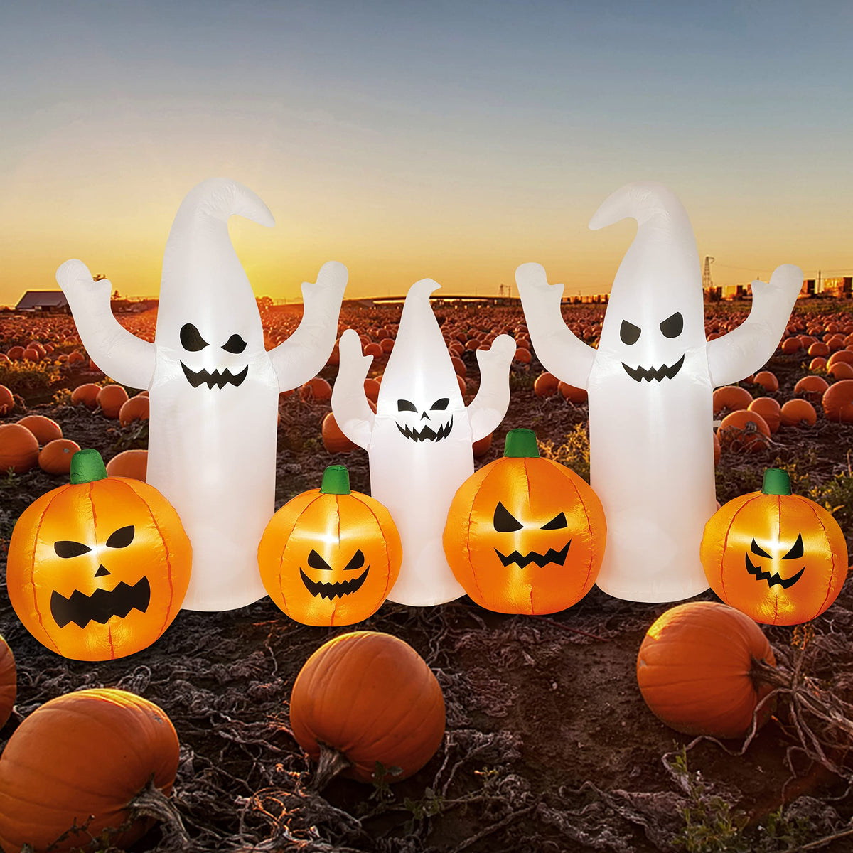 8 FT Lighted Halloween Inflatable Ghosts with Pumpkins W238080