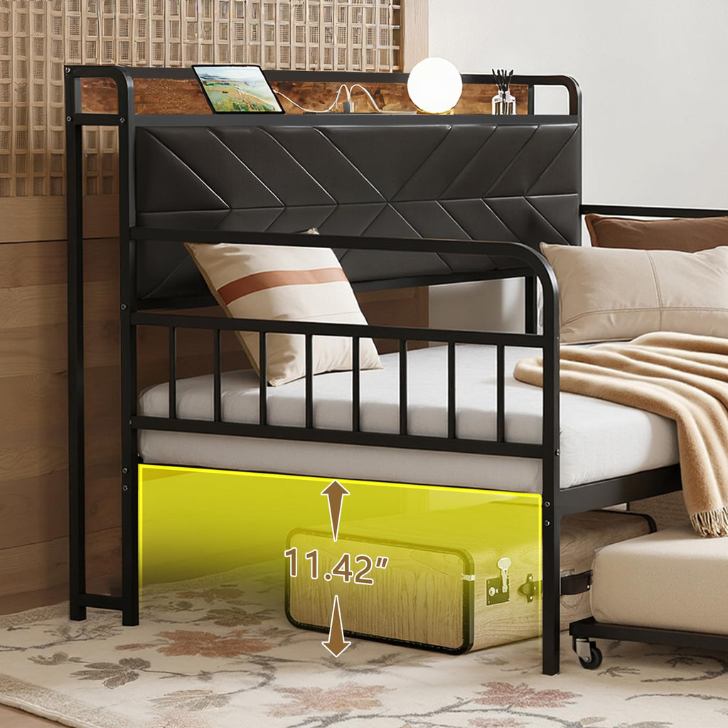 Black Metal Twin Daybed with Trundle and Storage Headboard F867696