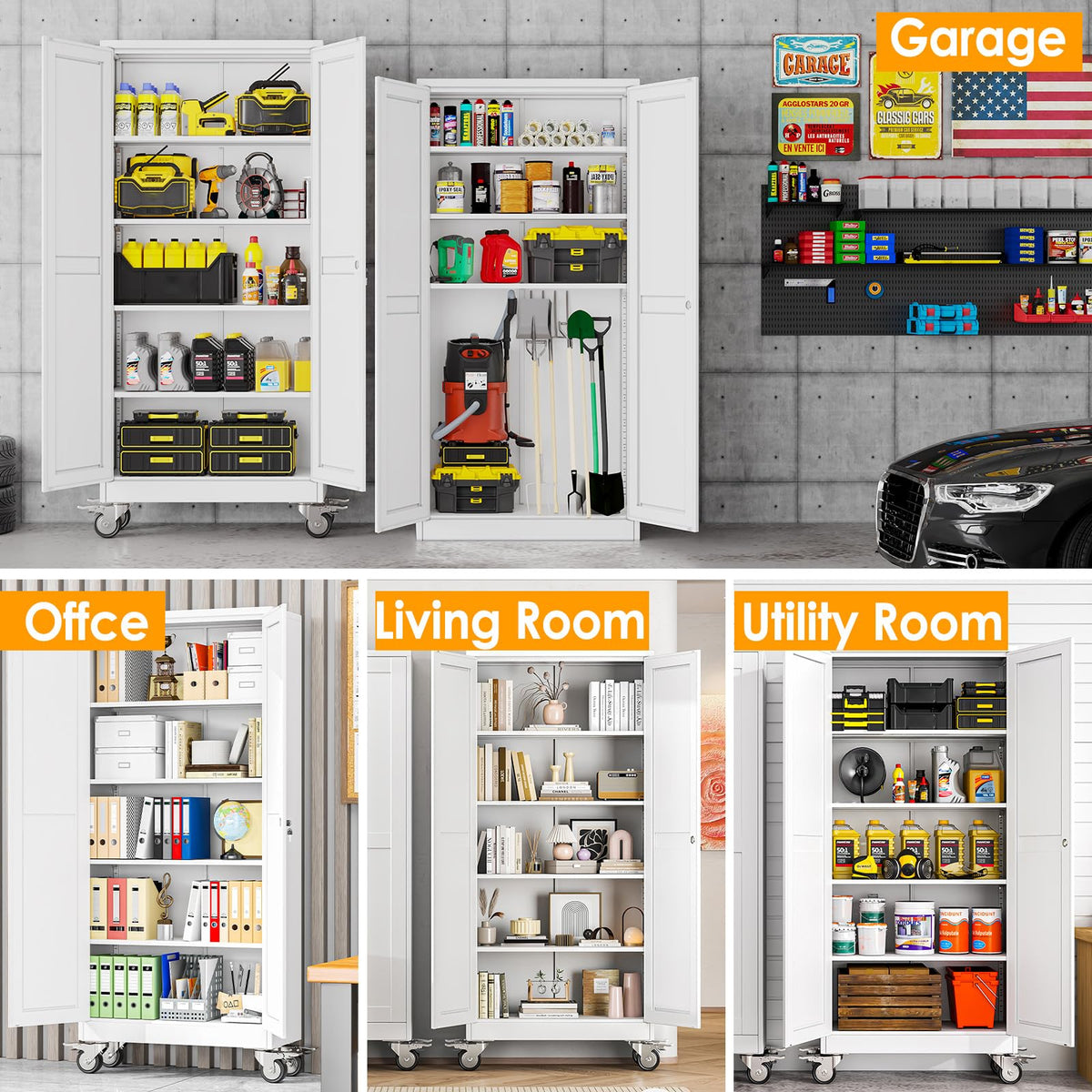 71''H White Metal Storage Cabinet with Wheels A5175