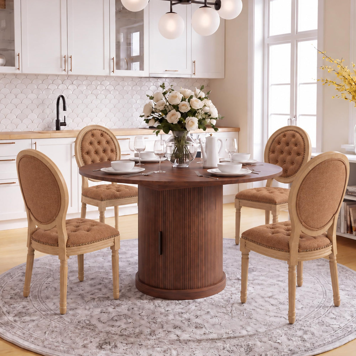 5-Piece Extendable Dining Set Walnut Table 4 PU Leather Chairs J293