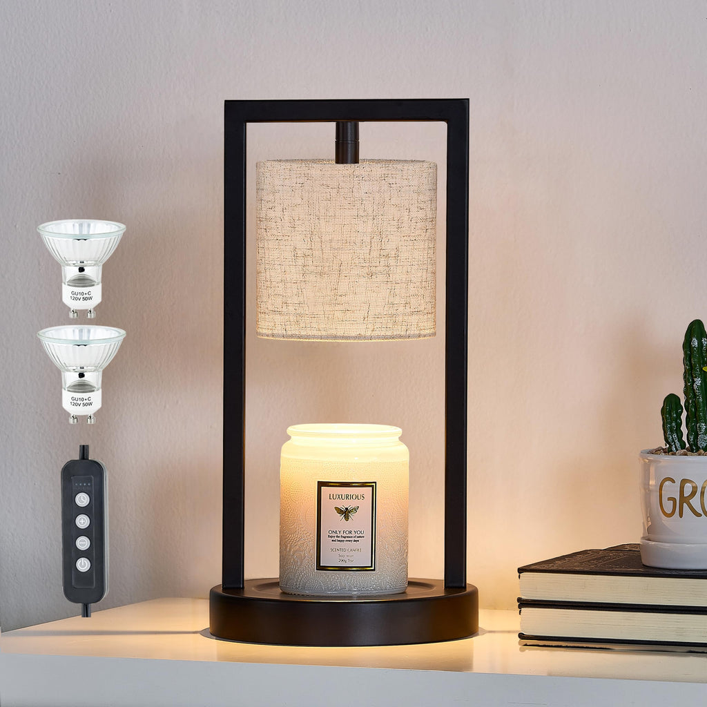 Black Candle Warmer Lamp with Timer, Linen Fabric Shade, 3-Level Dimmable T56073