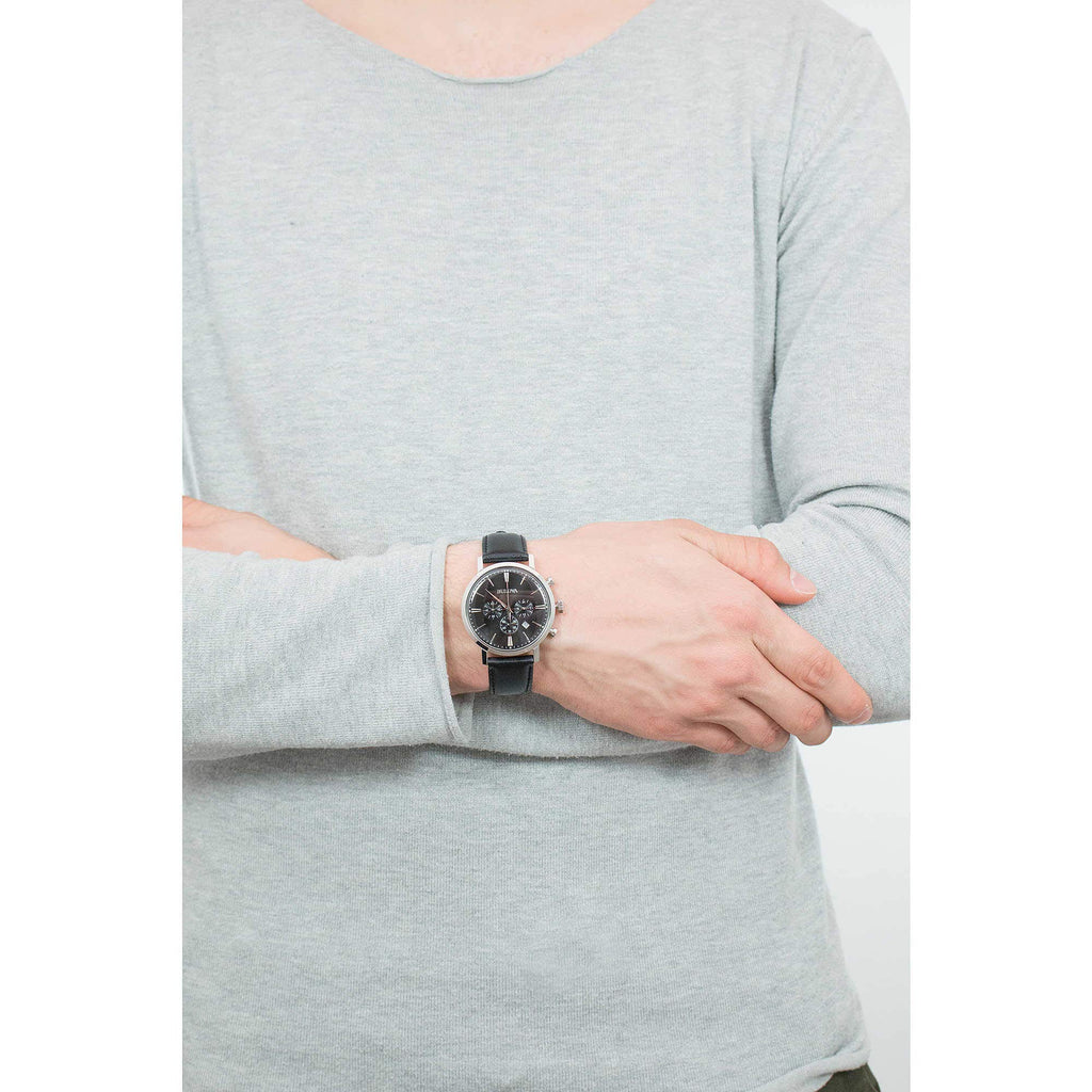 Men's Stainless Steel Chronograph Watch with Black Leather Strap F517