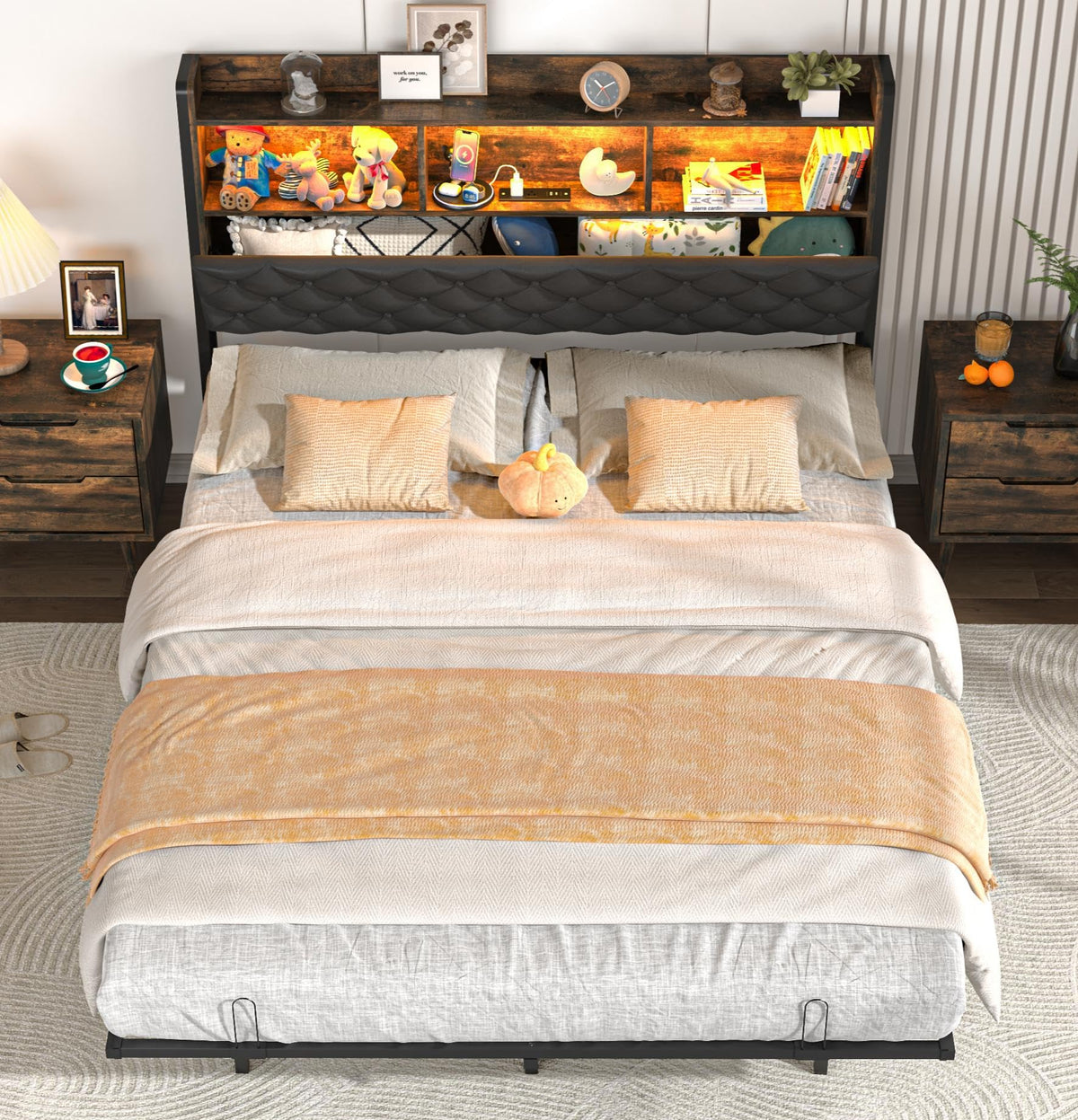 Queen Size Metal Platform Bed with Storage Bookcase Headboard T105779