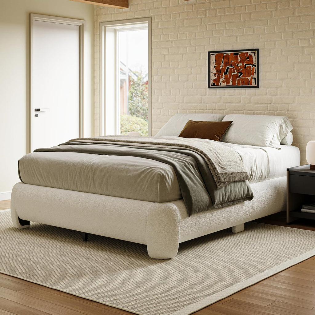Queen Size White Boucle Upholstered Bed Frame U985