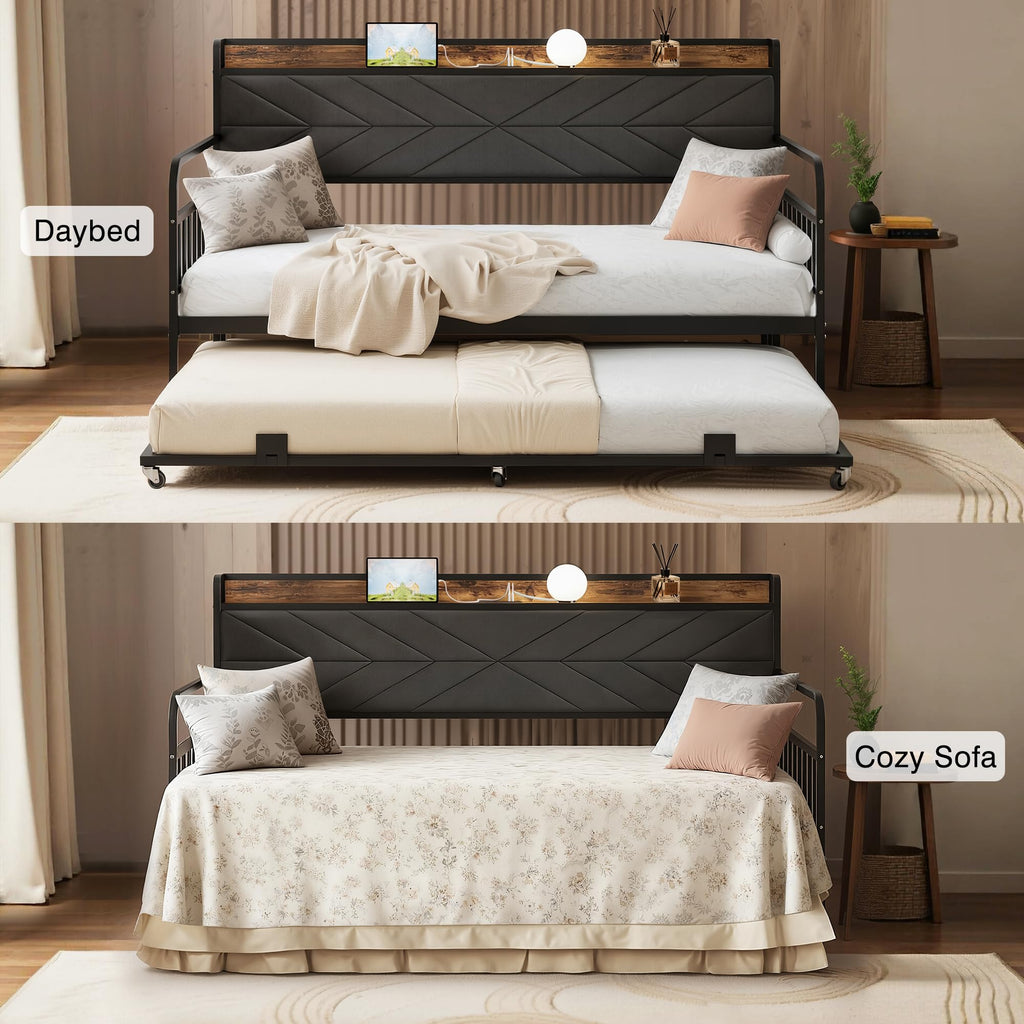 Black Metal Twin Daybed with Trundle and Storage Headboard F867696