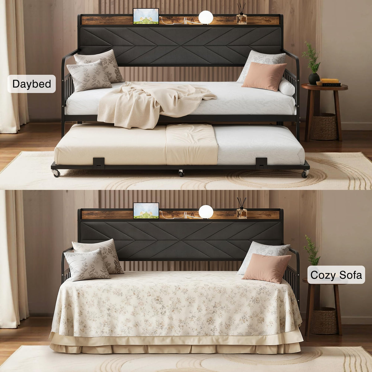 Black Metal Twin Daybed with Trundle and Storage Headboard V8456