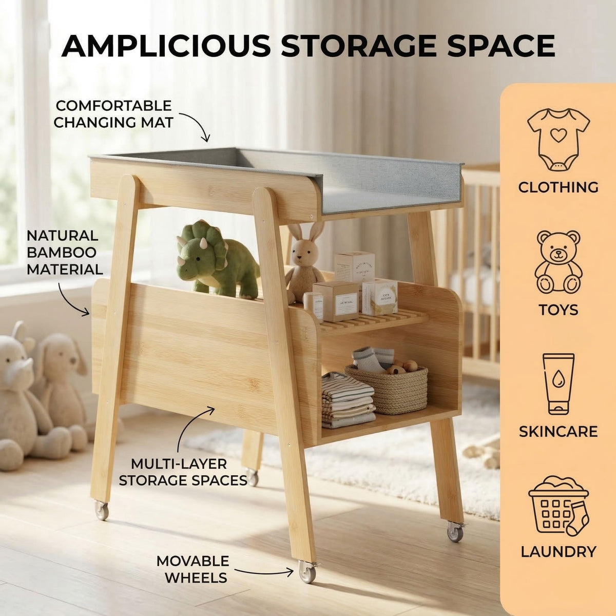 Flat Top Diaper Changing Station with Wheels and Changing Pad Y514347