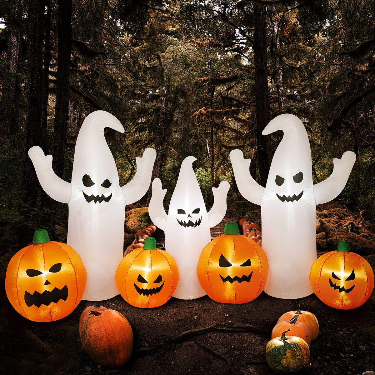 8 FT Lighted Halloween Inflatable Ghosts with Pumpkins W238080