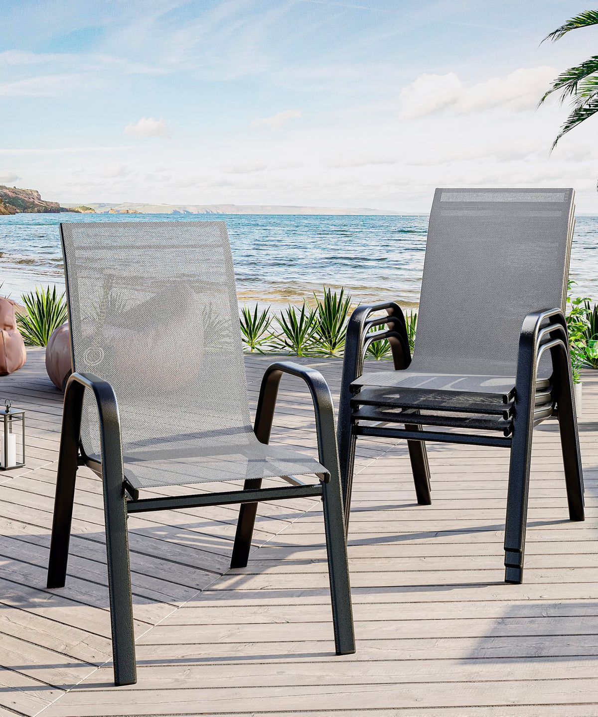 Stackable Outdoor Dining Chairs Set of 4 Textilene Fabric Metal Frame Grey W155