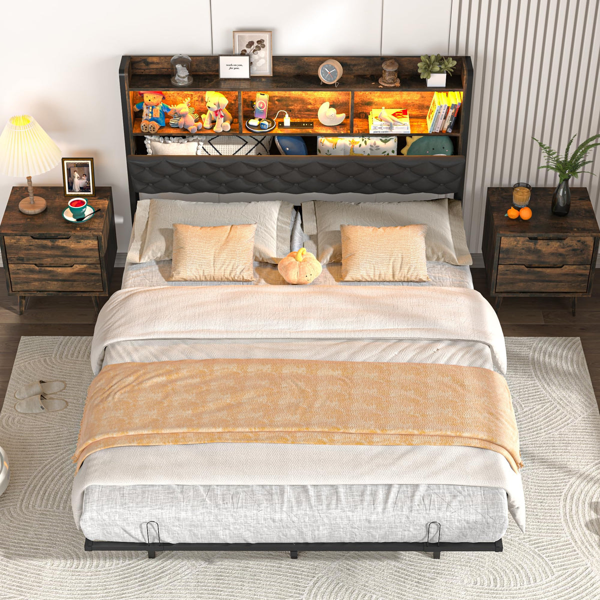 Queen Size Metal Platform Bed with Storage Bookcase Headboard T105779