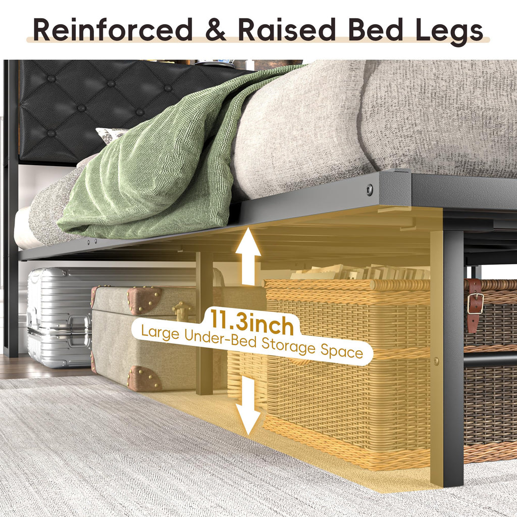 Queen Size Metal Platform Bed with Storage Bookcase Headboard T105779