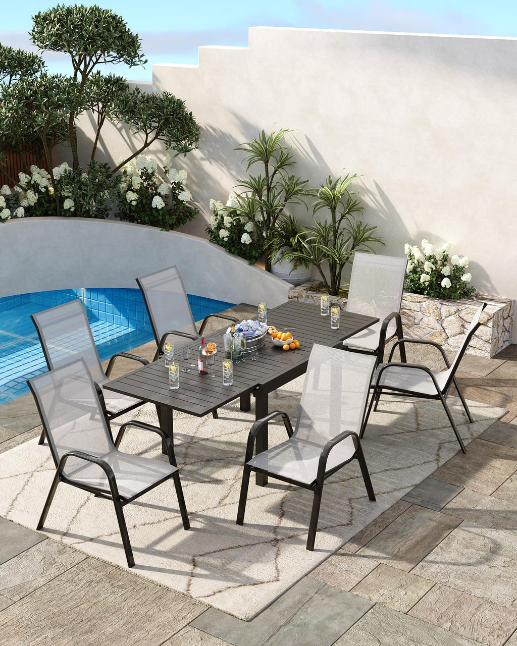 Stackable Outdoor Dining Chairs Set of 4 Textilene Fabric Metal Frame Grey W155