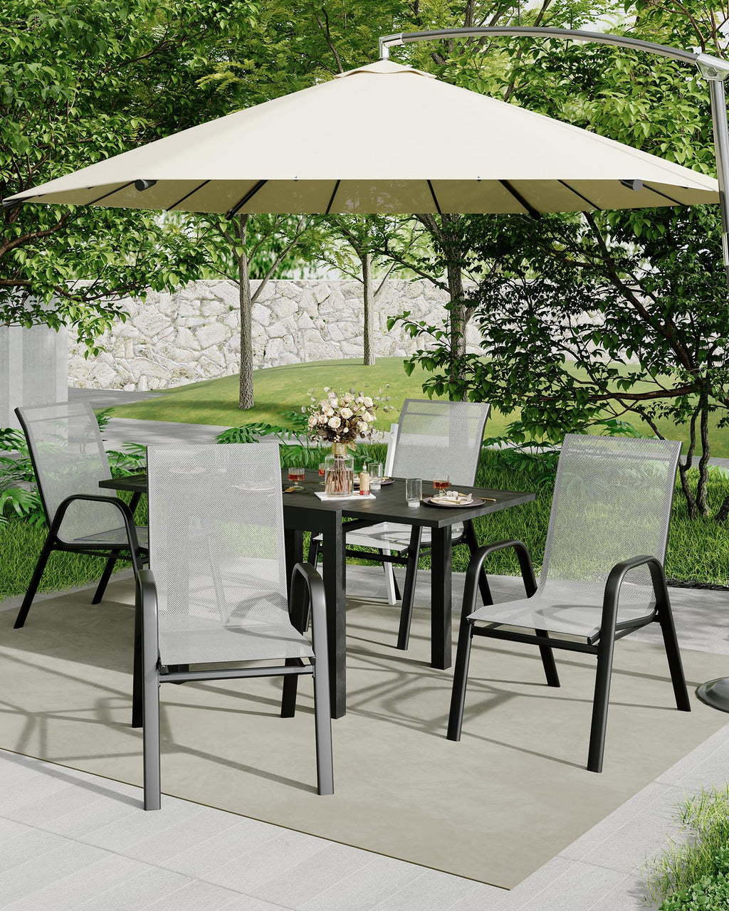 Stackable Outdoor Dining Chairs Set of 4 Textilene Fabric Metal Frame Grey W155