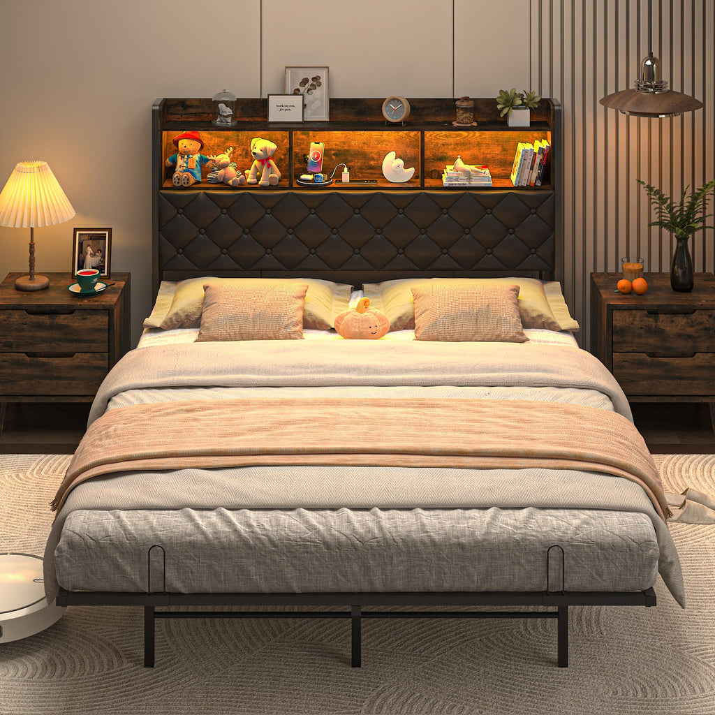 Queen Size Metal Platform Bed with Storage Bookcase Headboard T105779