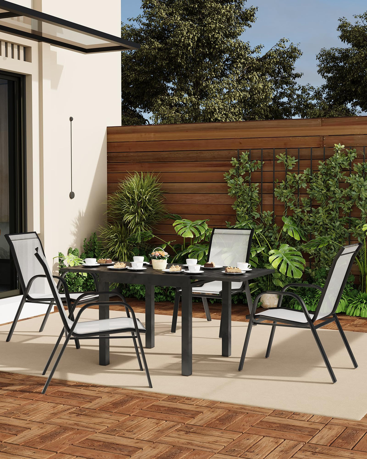 Stackable Outdoor Dining Chairs Set of 4 Textilene Fabric Metal Frame Grey T832