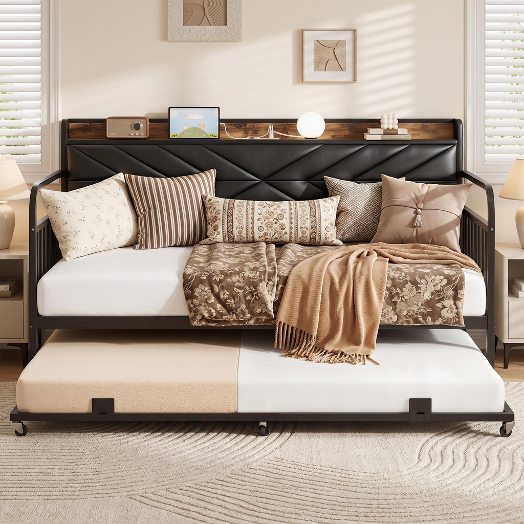 Black Metal Twin Daybed with Trundle and Storage Headboard F867696