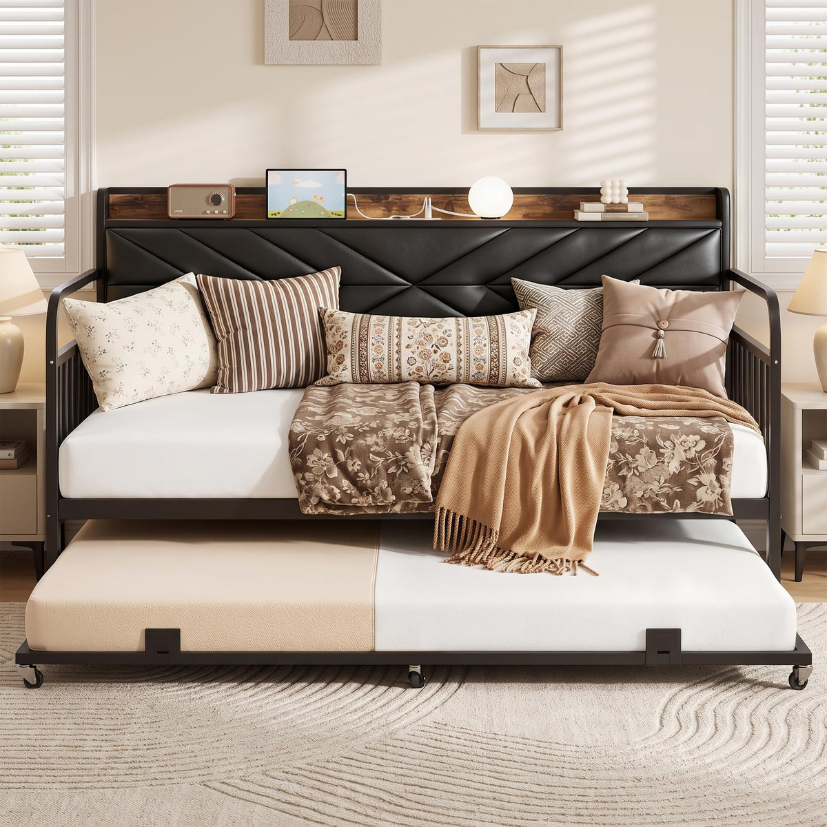 Black Metal Twin Daybed with Trundle and Storage Headboard F867696