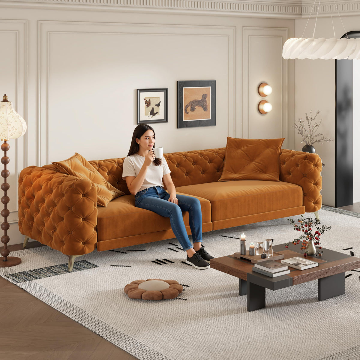 King Velvet Pull Out Sleeper Sofa with Ottoman O51269