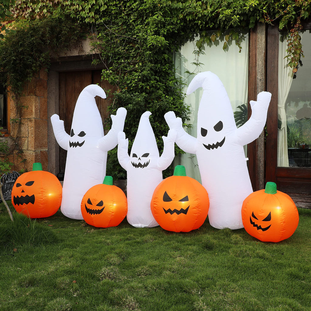 8 FT Lighted Halloween Inflatable Ghosts with Pumpkins W238080